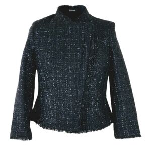 Ann Taylor Tweed Blazer Sz 6P Fringe Trim Sparkle Asymmetrical Zipper Black New